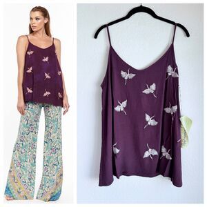 NWT Aratta Story of the Crane Embroidered Long Camisole in Purple Size Small